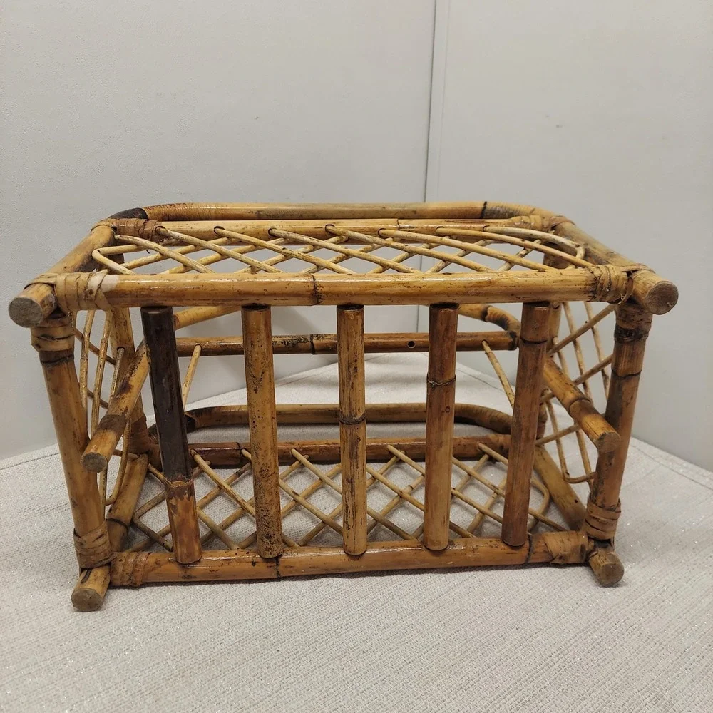 Vintage Bamboo Magazine Rack Rattan Book Caddy Boho MCM Storage Basket Handle